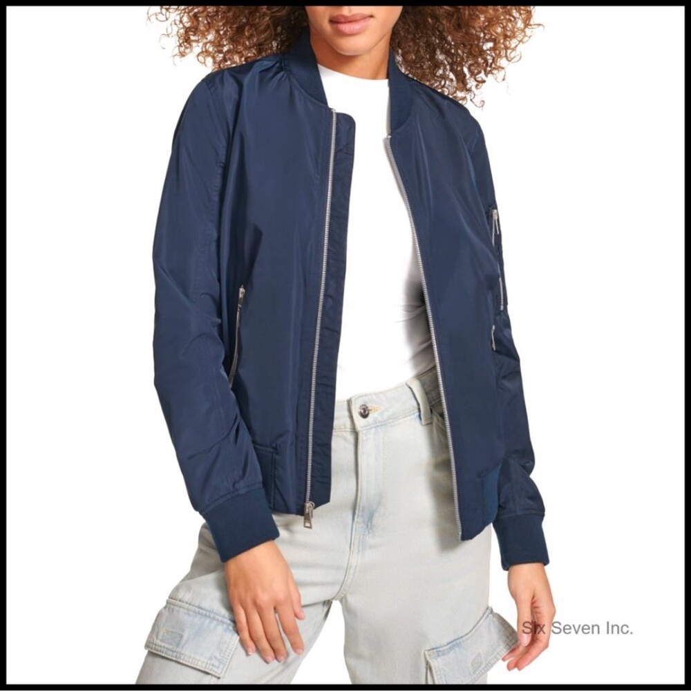 Closed Women's Full Zip Satin Bomber Jacket Long Sleeves Navy Blue Size M